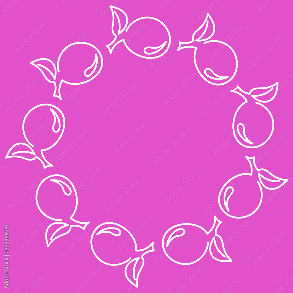 Hand drawing with a wreath of plum fruits. Simple composition, vector illustration. White berries on a bright purple background. Space for text