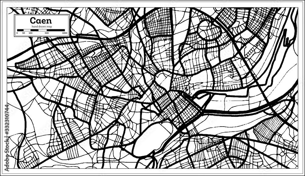 Caen France City Map in Black and White Color in Retro Style. Outline Map.
