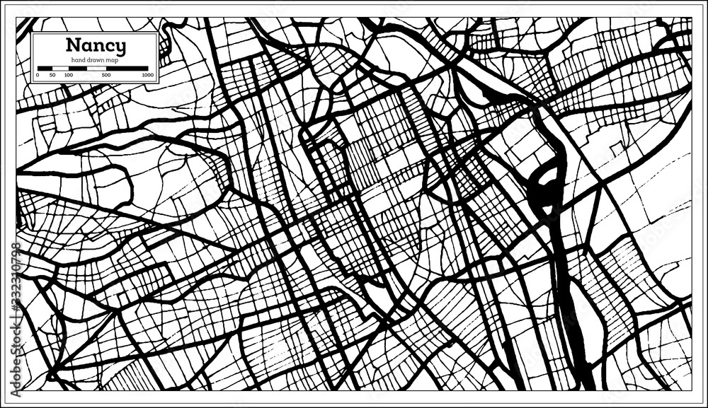 Naklejka premium Nancy France City Map in Black and White Color in Retro Style. Outline Map.