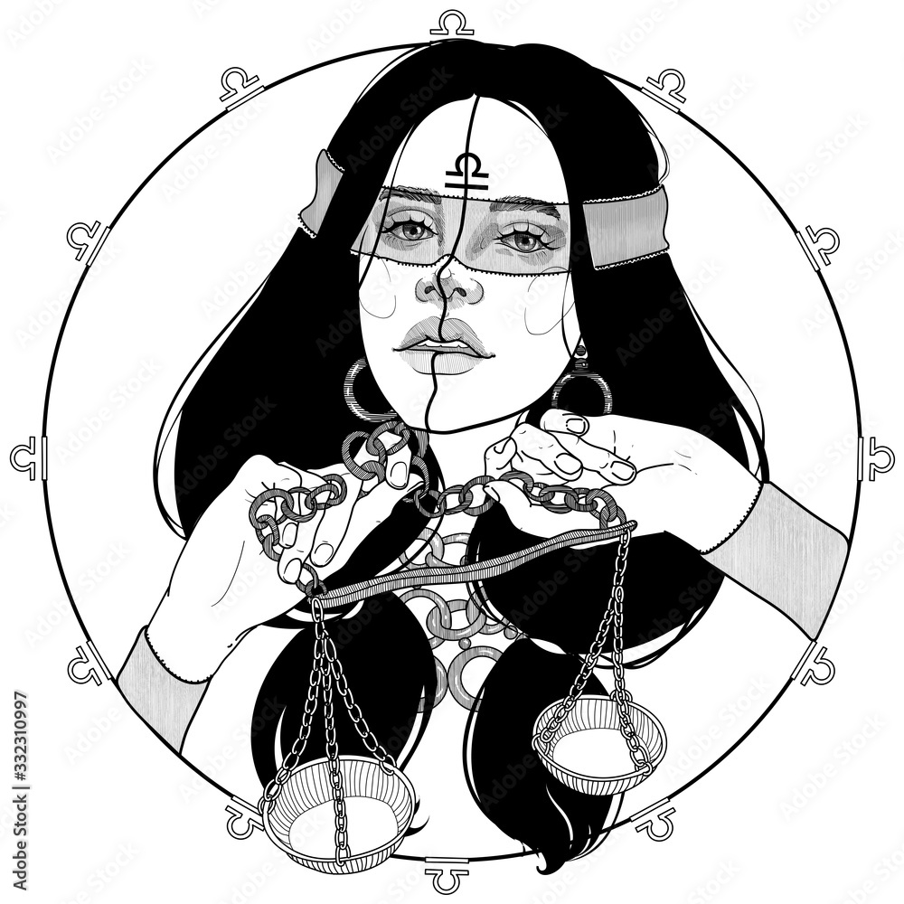 black and white portrait of a girl with scales zodiac sign and