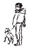 graphic black and white drawing of a standing girl with a dog