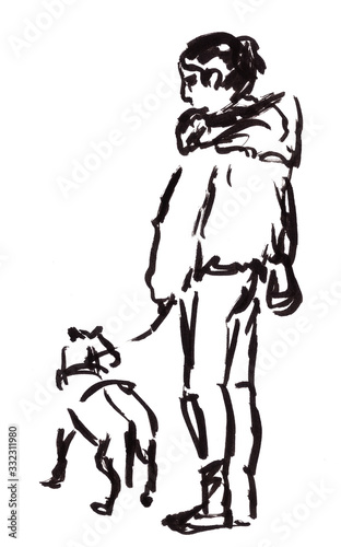 graphic black and white drawing of a standing girl with a dog