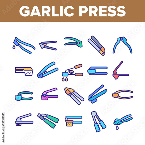 Garlic Press Utensil Collection Icons Set Vector. Garlic Press Kitchenware Equipment, Stainless Kitchen Tool, Metallic Ware For Cooking Concept Linear Pictograms. Color Illustrations