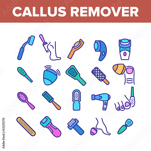 Callus Remover Tool. Foot Rasp For Treatment Of Hard Skin, Callus Remover Hygiene Equipment, Electronic And Manual Brush Concept Linear Pictograms. Color Illustrations