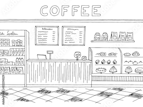 Cafe graphic black white interior sketch illustration vector