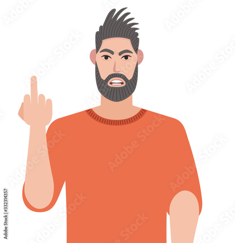 Man is showing the middle finger. Obscene gesture. The evil man expresses his negative emotions.  Vector illustration in cartoon style.