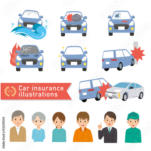自動車　車　自動車保険　イラスト　ベクター　人物　セット