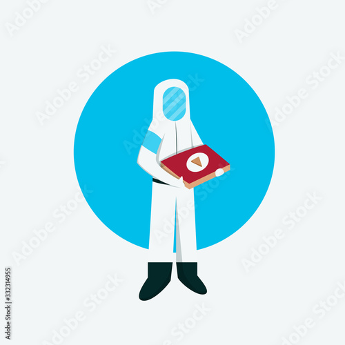 Pizza delivery man wear protect suit to protect himself form virus. Flat vector design illustration.