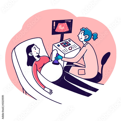 Pregnant woman visiting doctor. Ultrasound pregnancy screening flat vector illustration. Gynecologist, expecting, technology concept for banner, website design or landing web page