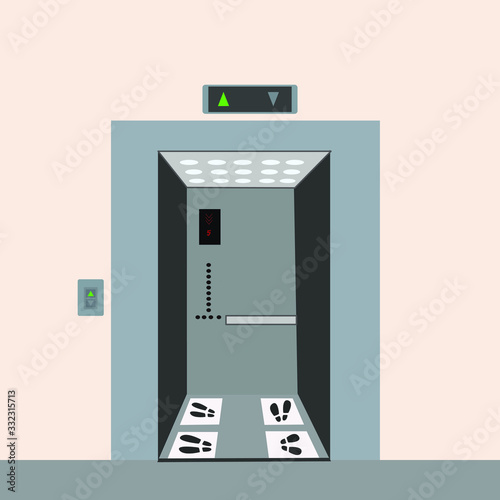 Social  distancing footprints in elevators in the business center. 3D vector illustration.