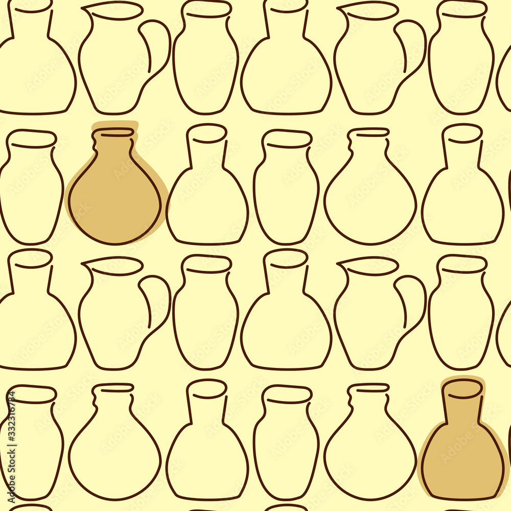 Seamless pattern with ceramic tableware, Jugs, vases, Homeware drawn by hand. One line of art for design, fabric and other surface. Outline of a simple illustration. Seamless pattern with ceramic tableware, Jugs, vases, Homeware drawn by hand. One line of art for design, fabric and other surface. Outline of a simple illustration.