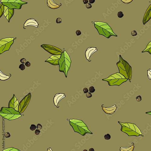 Seamless pattern bay leaf, garlic, black pepper. Cartoon style illustration. Stock illustration. Design for wallpapers, backgrounds, fabrics, textiles, cafes, restaurants, resorts, packaging.