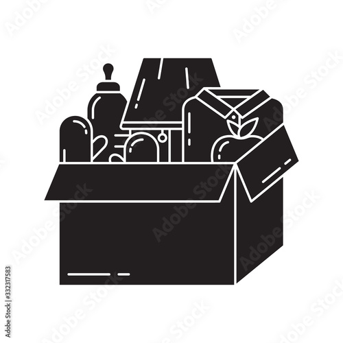 Silhouette donation box icon. Clothes, food, stuffs. Sorting, packaging, storage, transportation, delivery, shopping concept. Outline logo. Black white illustration. Flat isolated vector image