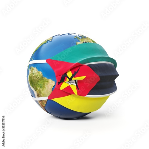 Earth Globe in a medical mask with flag of Mozambique Mozambican isolated on white background. Global epidemic of Chinese coronavirus concept.