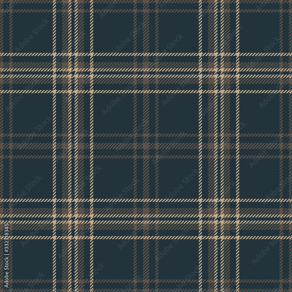 Plaid pattern seamless vector graphic. Dark multicolored Scottish tartan check plaid in blue and brown for flannel shirt or other modern textile design.