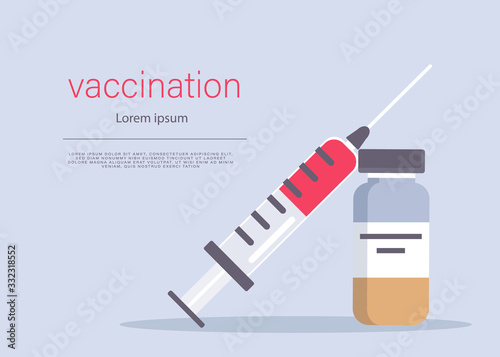 Syringe and vaccine set of medical tools for vaccination.