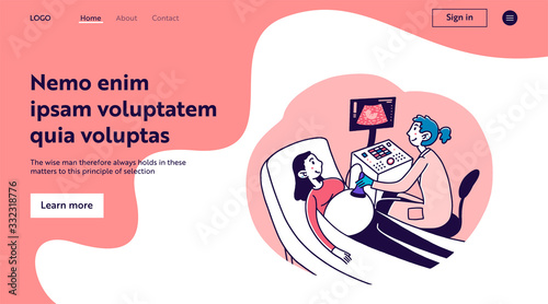 Pregnant woman visiting doctor. Ultrasound pregnancy screening flat vector illustration. Gynecologist, expecting, technology concept for banner, website design or landing web page