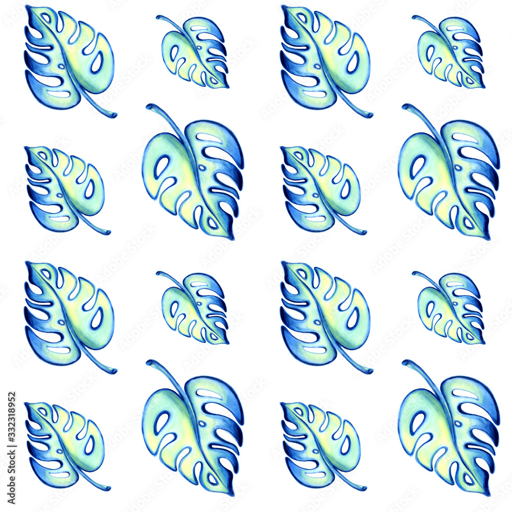 A tropical seamless pattern of Monstera leaf. Illustration drawn with a marker, isolated on a white background,used in the design of postcards packaging and labels of cosmetics. Print on fabric. A tropical seamless pattern of Monstera leaf. Illustration drawn with a marker, isolated on a white background,used in the design of postcards packaging and labels of cosmetics. Print on fabric.