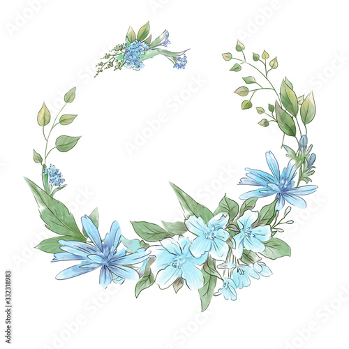Watercolor hand drawing wreath of spring delicate flowers © Yuliya