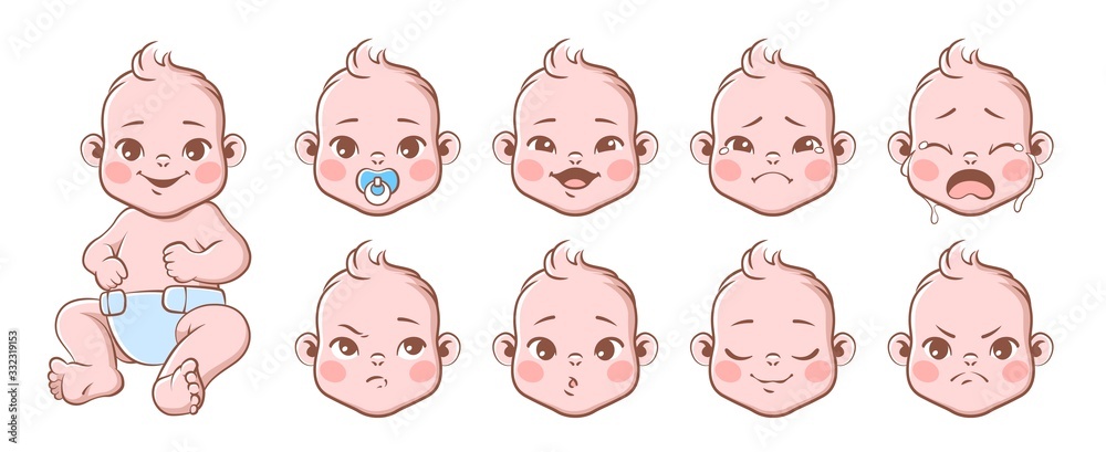 Baby emotions. Cute children emotions laughing and crying, smiling and angry. Baby, newborn portrait face emoji, vector characters set Baby emotions. Cute children emotions laughing and crying, smiling and angry. Baby, newborn portrait face emoji, vector characters set