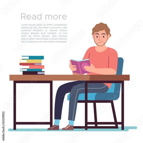 Man in library. Young man reading book in public library interior with bookshelves, desks and chairs, flat bibliophile design vector concept