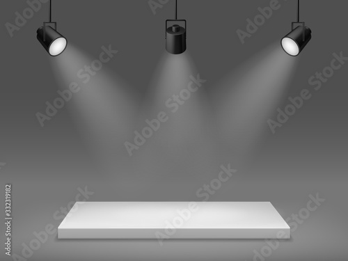 Podium with spotlights. Illuminated empty pedestal, 3d platform for show, rectangular scene with studio light, realistic vector concept photo