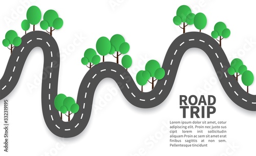 Paper road. Road landscape with trees origami style, beautiful nature family tourism happy weekend, craft design vector journey concept