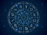 Astrology horoscope circle. Wheel with zodiac signs, constellations horoscope with titles, geometric representation space stars vector concept