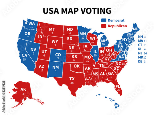 Usa map voting. Presidential election map each state american electoral votes showing republicans or democrats political vector infographic