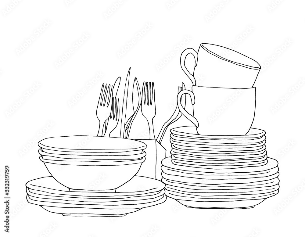 A Creative Line Drawing Doodle of a Stack of Dirty Plates Stock Vector -  Illustration of hand, artwork: 151160452