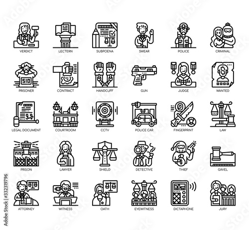 Set of law and justice thin line and pixel perfect icons for any web and app project.