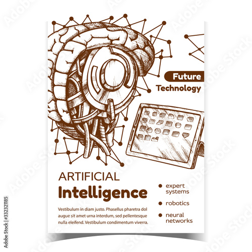 Artificial Intelligence Advertising Poster Vector. High Technology Robotic Intelligence Brain And Electronic Tablet. Mind Cyberbrain Hand Drawn In Vintage Style Monochrome Illustration