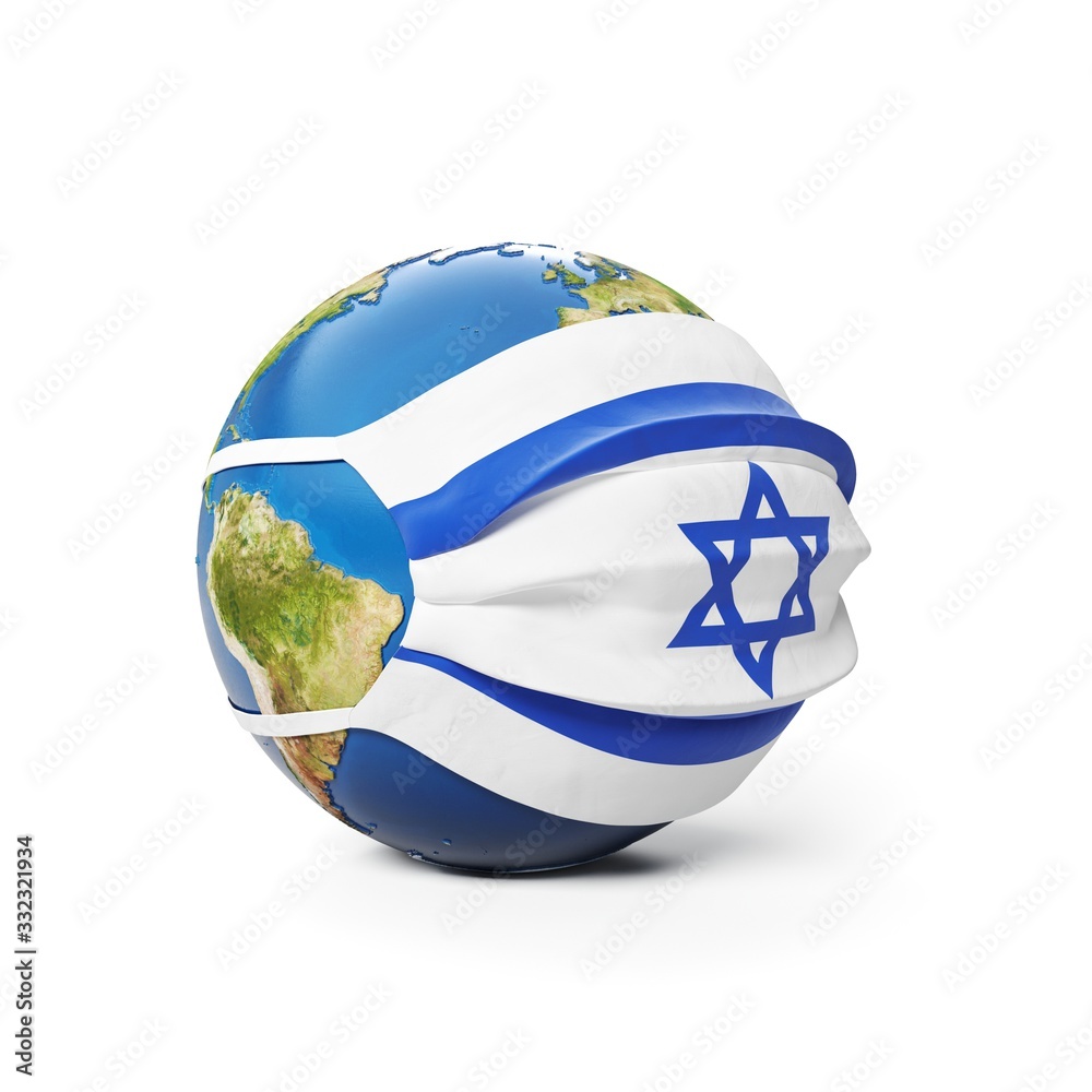 Obraz premium Earth Globe in a medical mask with flag of Israel Israeli isolated on white background. Global epidemic of Chinese coronavirus concept.