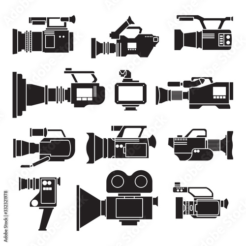 Video camera black vector illustration on white background .Video camera set icon. Vector illustration camcorder for photo and film. photo