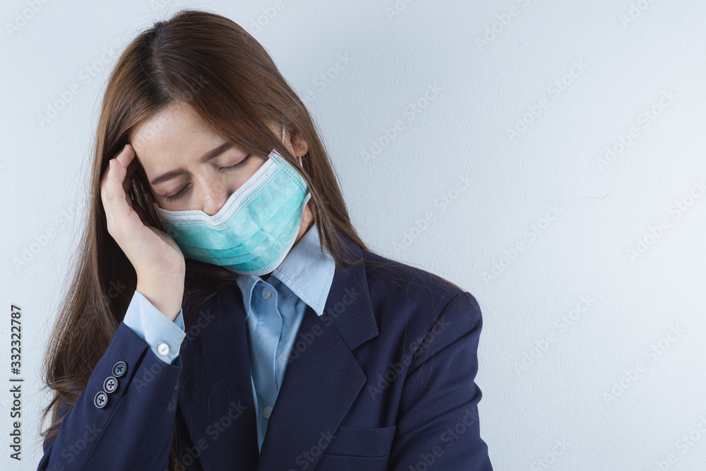 The business woman coughing flu from coronavirus and pm 2.5. Coronavirus and Air pollution pm 2.5 concept. The business woman coughing flu from coronavirus and pm 2.5. Coronavirus and Air pollution pm 2.5 concept.