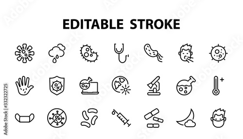 CORONAVIRUS a set of icons on the theme of Coronavirus, contains such icons as nucleation, hand washing, mask, bacteria, sneezing, Editable stroke, on a white background