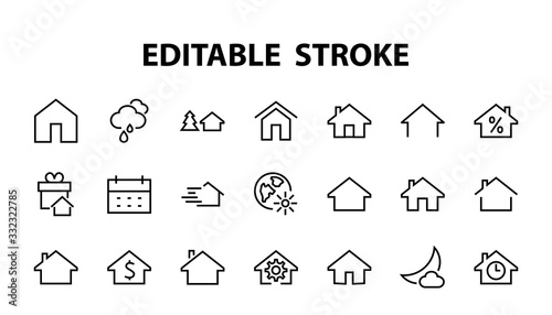 Simple set of line vector home icons. Contains house symbols at interest, infuse house and more. Editable stroke. 480x480 pixels perfect