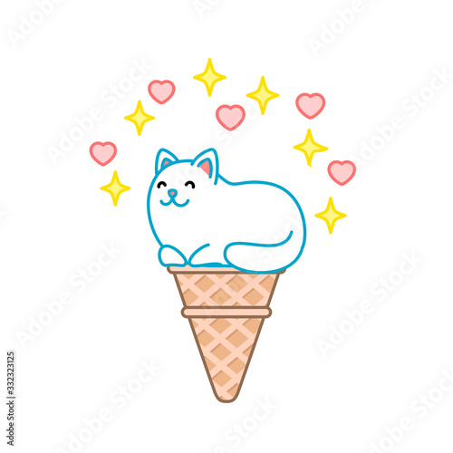 Cute cat ice-cream. Illustration of a sparkling ice-cream looks like a white cat sitting in a waffle cone. Isolated objects. Vector 8 EPS. © slybrowney