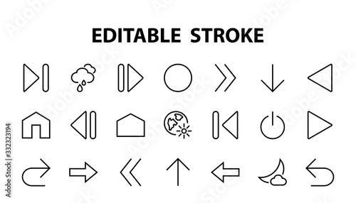 Set of line arrows, directions, arrows, contains icons such as pause, continuation, directly, to the right, Editable stroke. 480x480, On a white background, Vector illustration