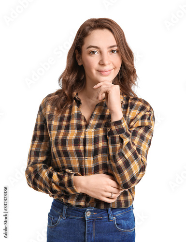 Beautiful young girl on white background