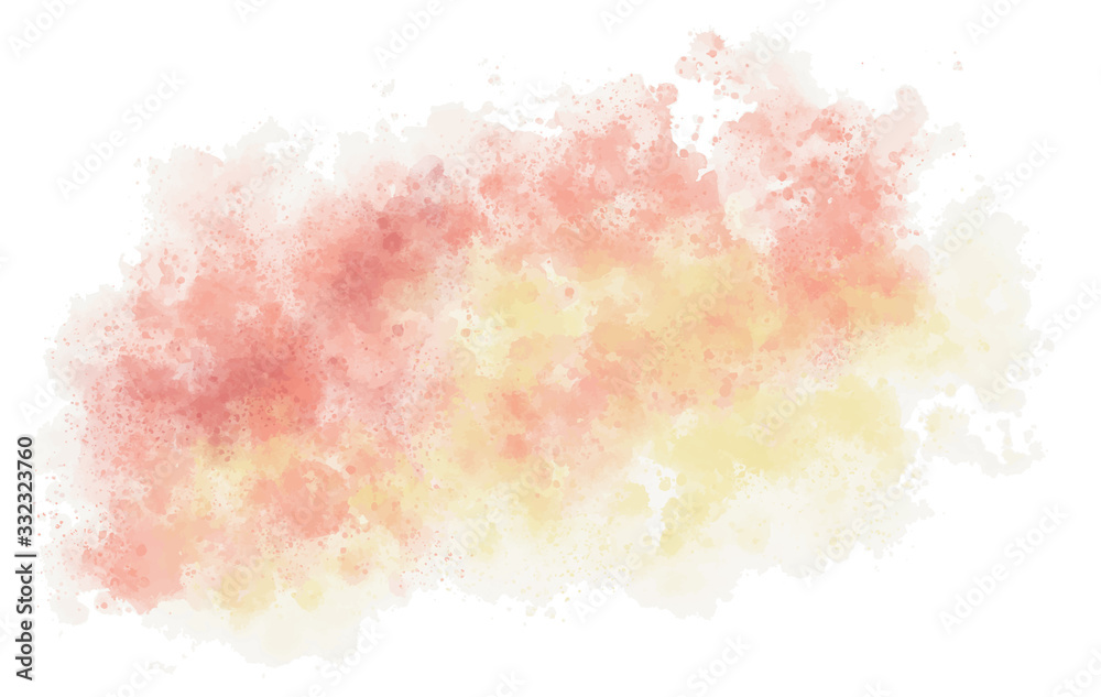 Watercolor splash isolated on white background. Orange, red and yellow mix of paint. Blob on paper. Vector illustration. Powder explosion. Ethereal design. Soft and pastel. 