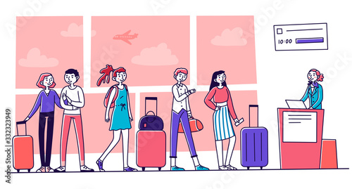 Line of tourists at airport check in counter. Queue of passengers waiting for registration to their flight. Vector illustration for tourism, trip, transportation concept