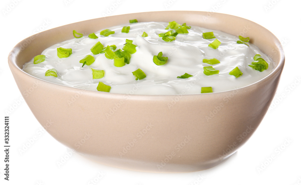 Bowl with tasty sour cream on white background Bowl with tasty sour cream on white background