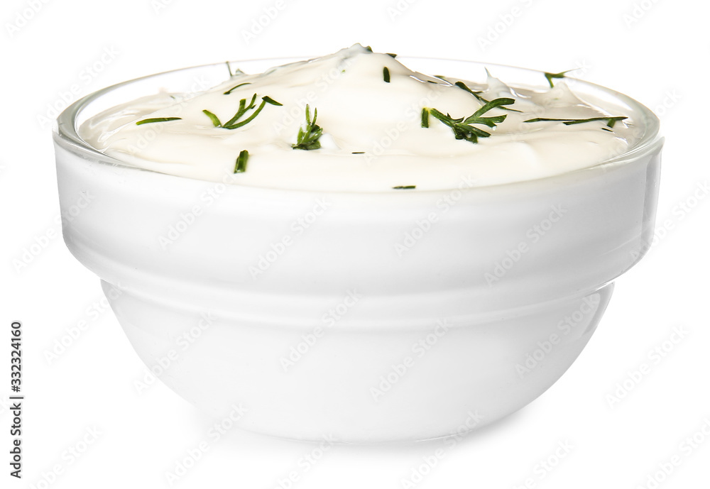 Bowl with tasty sour cream on white background Bowl with tasty sour cream on white background