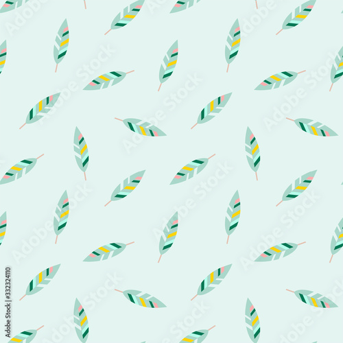 Feather pattern. Seamless green ornament of feathers. Illustration in flat style. Vector 8 EPS.