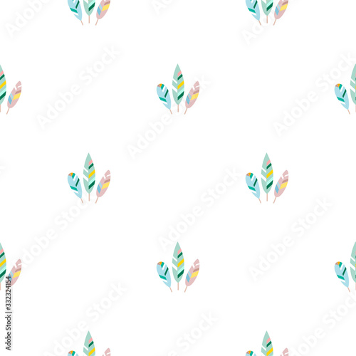 Feather pattern. Seamless ornament of three feathers on white background. Illustration in flat style. Vector 8 EPS.