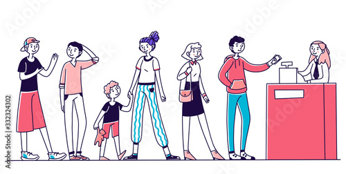 People waiting in line for service vector illustration. Customers standing in queue for payment. Cashier providing service for clients. Shopping in store and supermarket