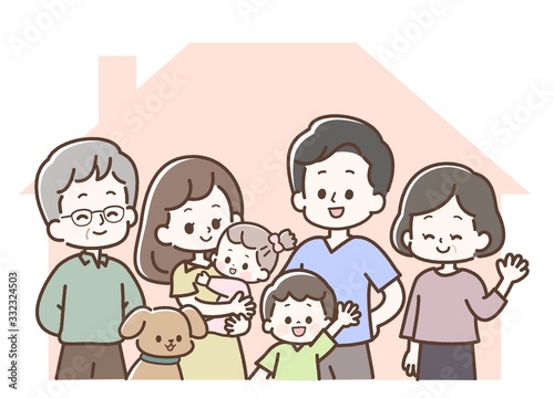 こちらを見ている三世代家族と犬家付き