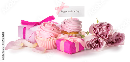 Tasty cupcakes and gifts for Mother's Day on white background