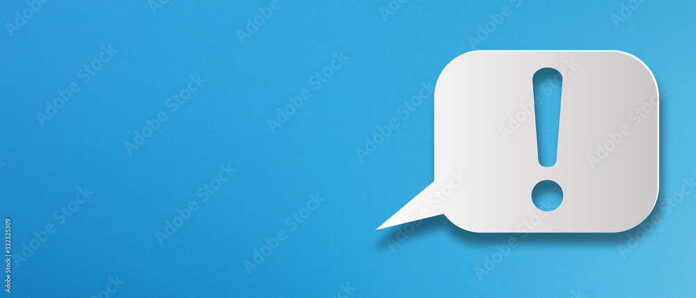 Exclamation mark with speech bubble on blue background Exclamation mark with speech bubble on blue background